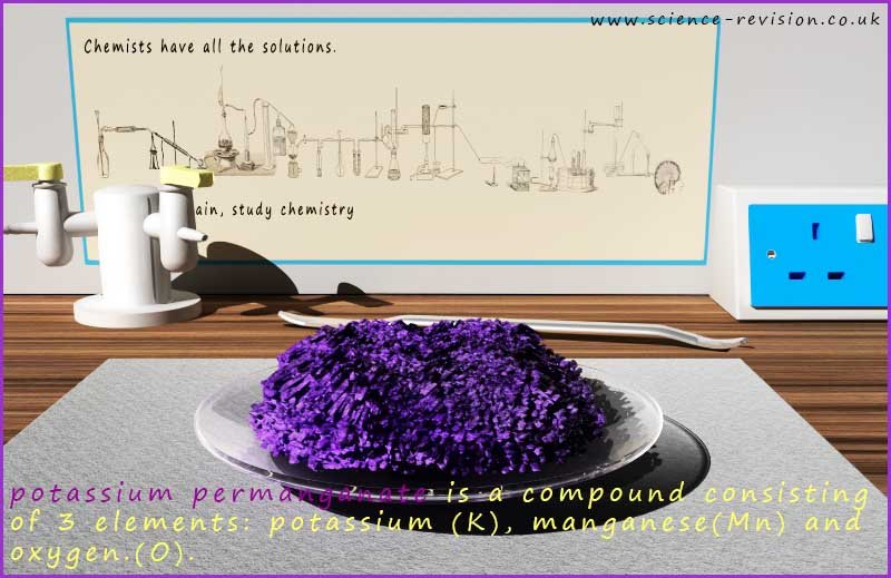 potassium permanganate is a compound 
 containing 3 elements: potassium, manganese and oxygen.